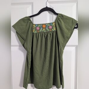 Crown & Ivy Olive Blouse with Floral Embroidery